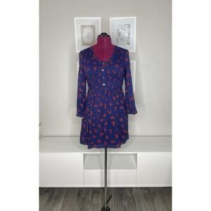 MAEVE Dress Women's Small Heart Banet ‎ Navy Burgundy Smocked Knee V Neck
